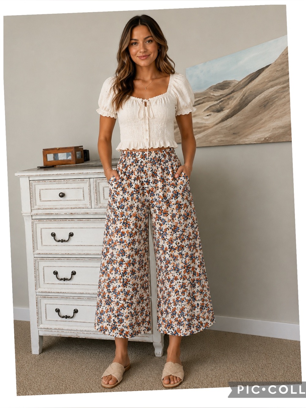 Yesno Cotton Floral Cropped Wide Leg Pants Side Slit Size L